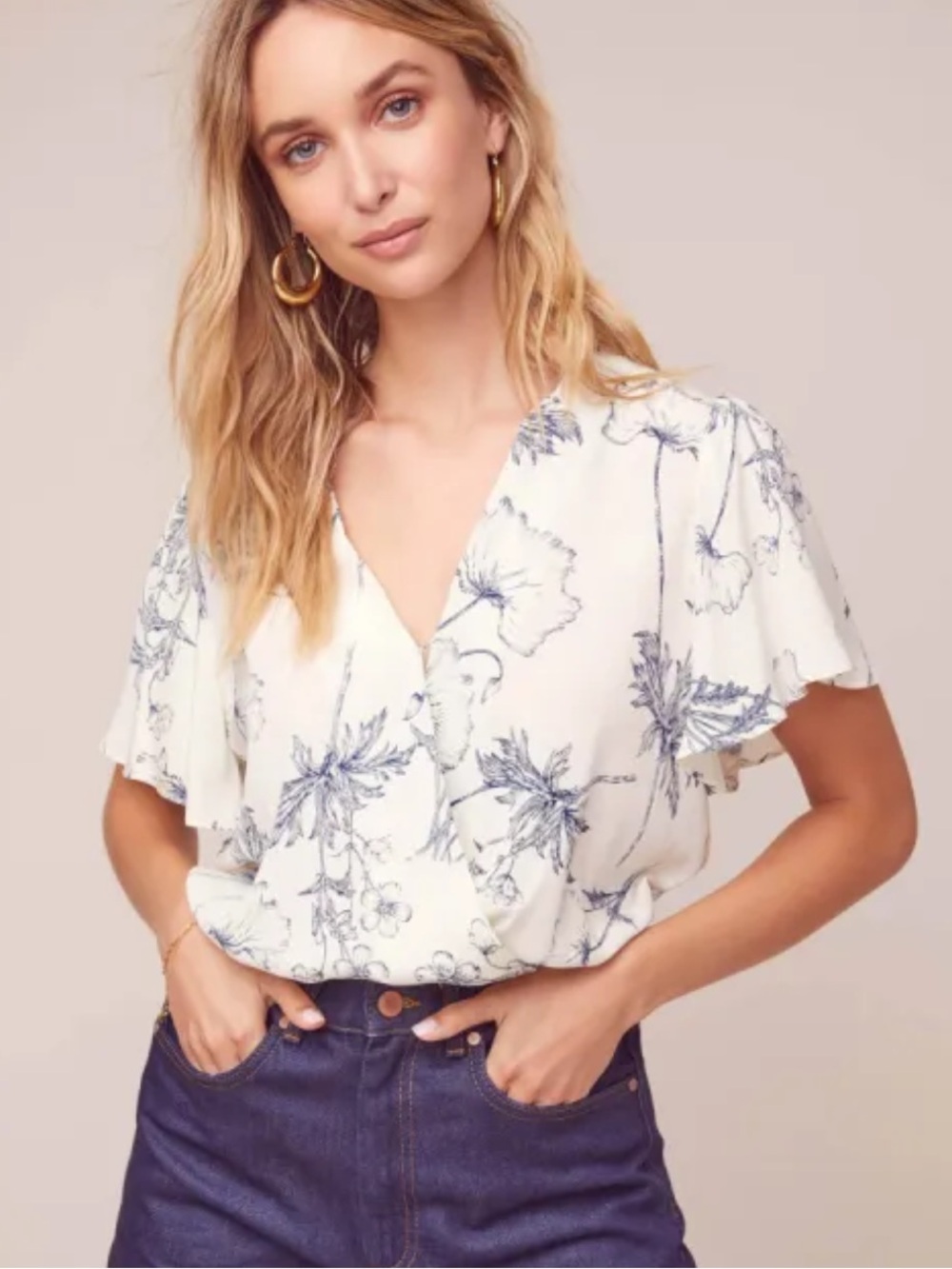 ASTR The Label White Blue Floral Flutter Sleeve Blouse Women’s XS